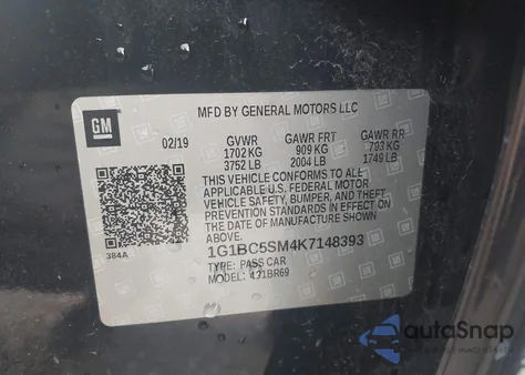 2019 Chevrolet Cruze Ls из США, поврежденный, VIN 1G1BC5SM4K7148393